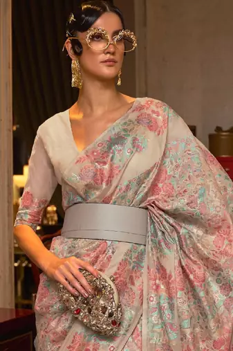 beige and pink floral zari silk blend banarasi saree