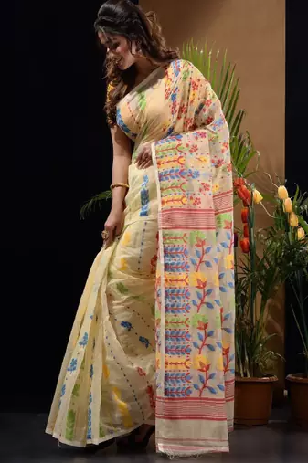 Woven design silk cotton jamdani saree
