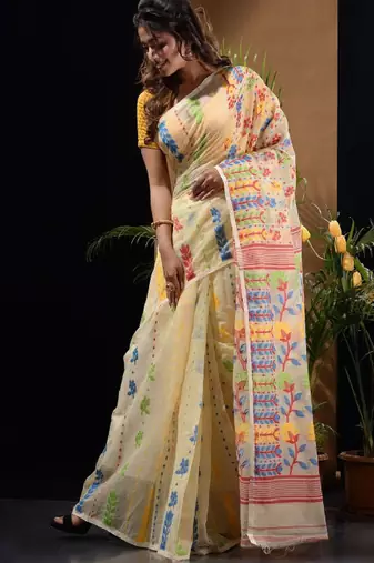Woven design silk cotton jamdani saree