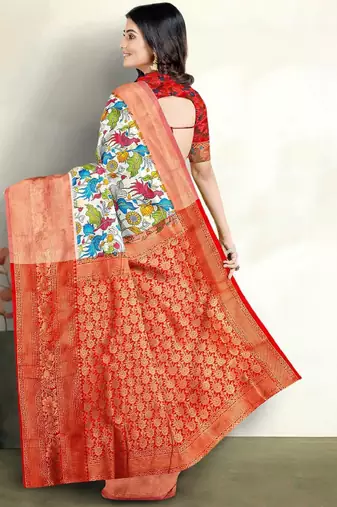off white floral printed zari silk blend banarasi saree
