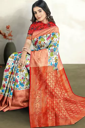 off white floral printed zari silk blend banarasi saree