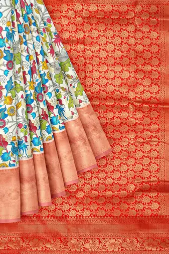 off white floral printed zari silk blend banarasi saree