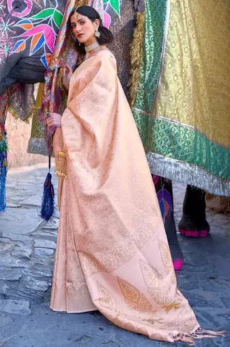 cream floral woven zari silk blend banarasi saree
