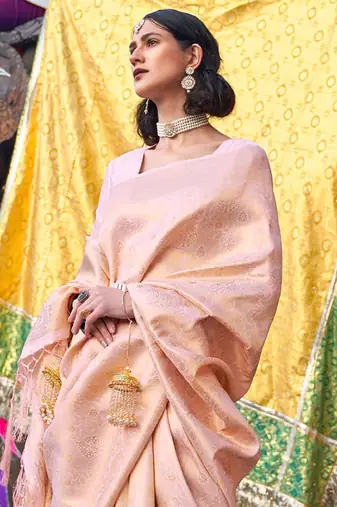 cream floral woven zari silk blend banarasi saree