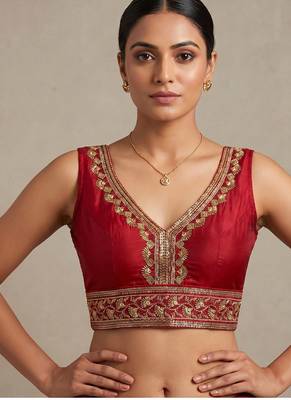 Red roman silk with coading sequence & beads work readymade blouse 1