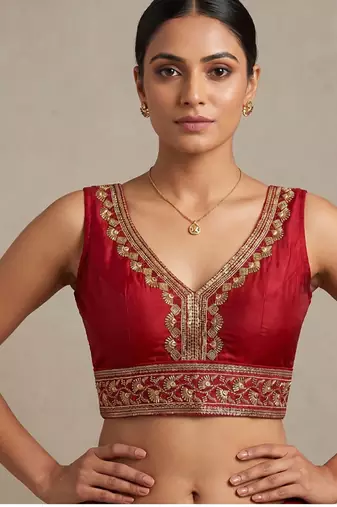 Red roman silk with coading sequence & beads work readymade blouse