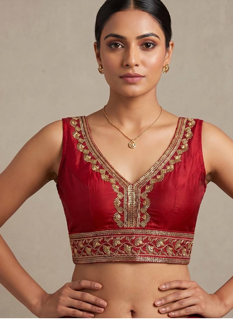 Red roman silk with coading sequence & beads work readymade blouse