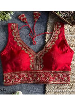 Red roman silk with coading sequence & beads work readymade blouse 3