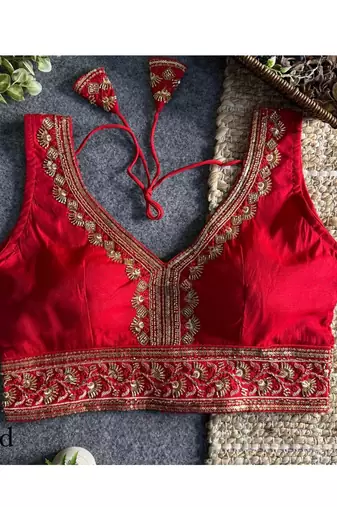 Red roman silk with coading sequence & beads work readymade blouse