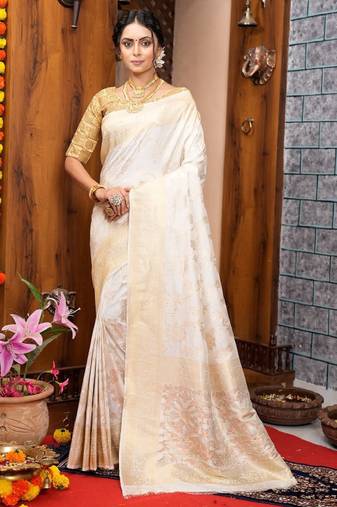 white floral woven design silk blend kanjeevaram saree