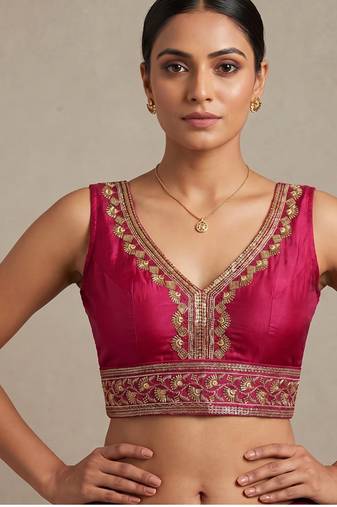Ranipink roman silk with coading sequence & beads work readymade blouse
