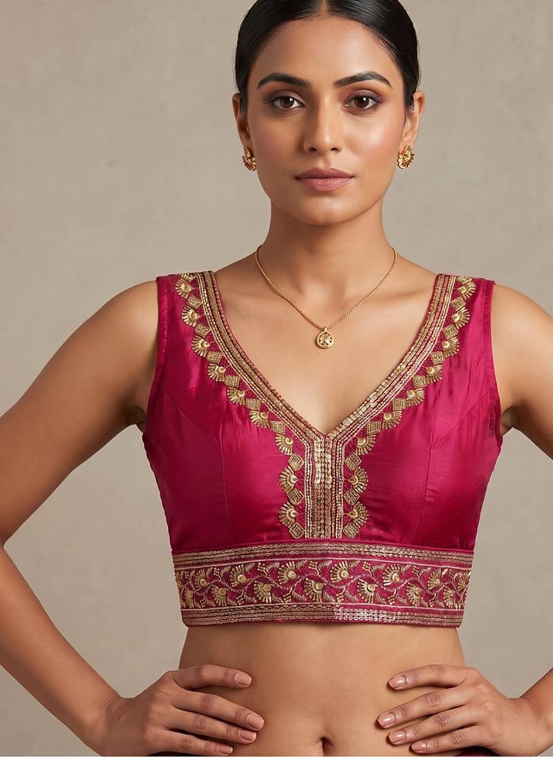 Ranipink roman silk with coading sequence & beads work readymade blouse