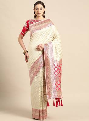White & pink woven design silk blend banarasi saree 1
