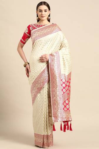 white and pink woven design silk blend banarasi saree