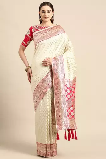 White & pink woven design silk blend banarasi saree