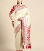 White & pink woven design silk blend banarasi saree