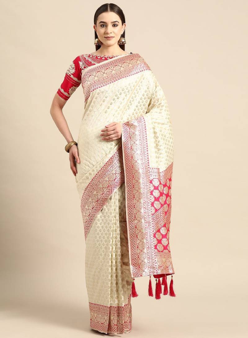 White & pink woven design silk blend banarasi saree