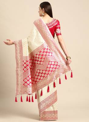 White & pink woven design silk blend banarasi saree 2