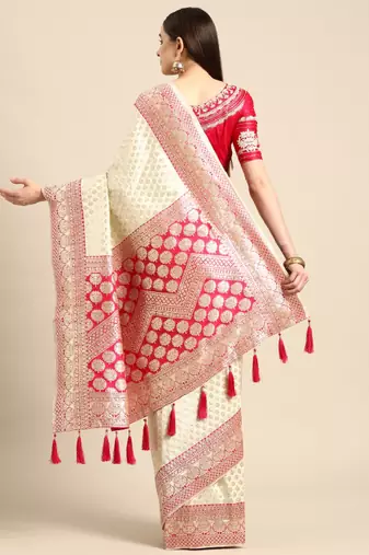 White & pink woven design silk blend banarasi saree