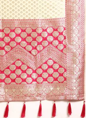 White & pink woven design silk blend banarasi saree 4