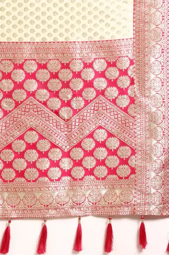 White & pink woven design silk blend banarasi saree