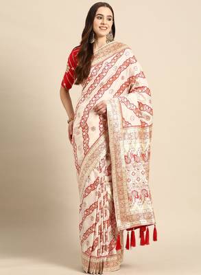 off white silk blend banarasi saree with heavy leheriya work 1