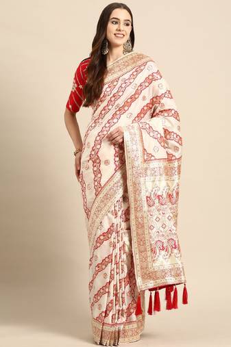 off white silk blend banarasi saree with heavy leheriya work