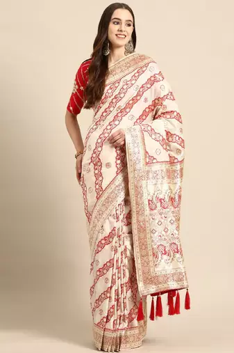 off white silk blend banarasi saree with heavy leheriya work
