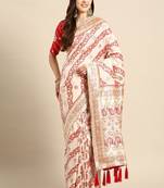 off white silk blend banarasi saree with heavy leheriya work