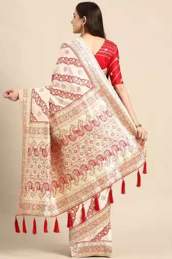 off white silk blend banarasi saree with heavy leheriya work
