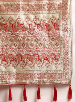off white silk blend banarasi saree with heavy leheriya work 4