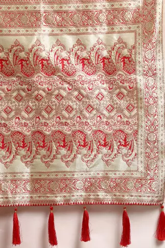 off white silk blend banarasi saree with heavy leheriya work