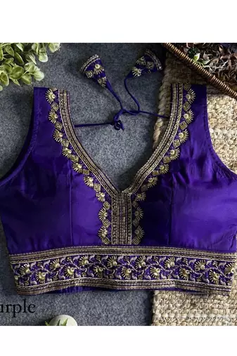 Purple roman silk with coading sequence & beads work readymade blouse