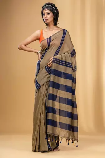 Striped tasseled pure cotton saree