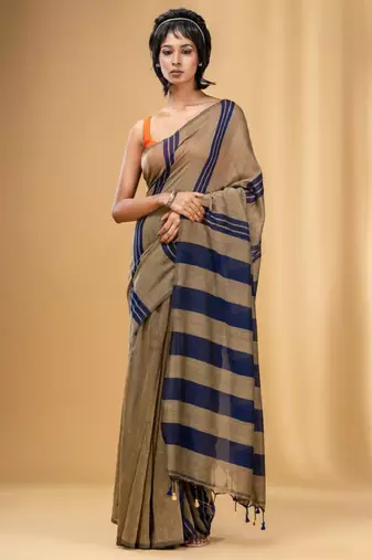 Striped tasseled pure cotton saree