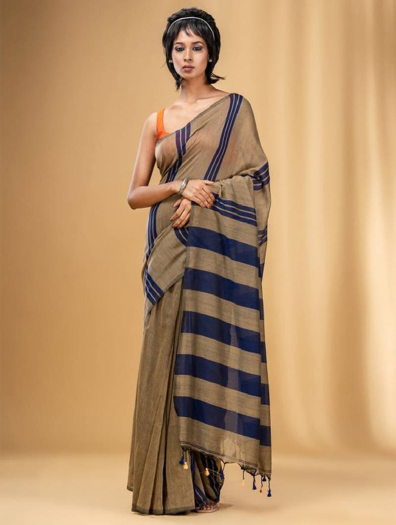 Striped tasseled pure cotton saree
