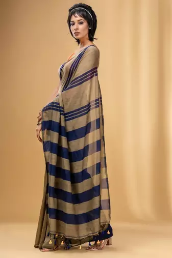 Striped tasseled pure cotton saree