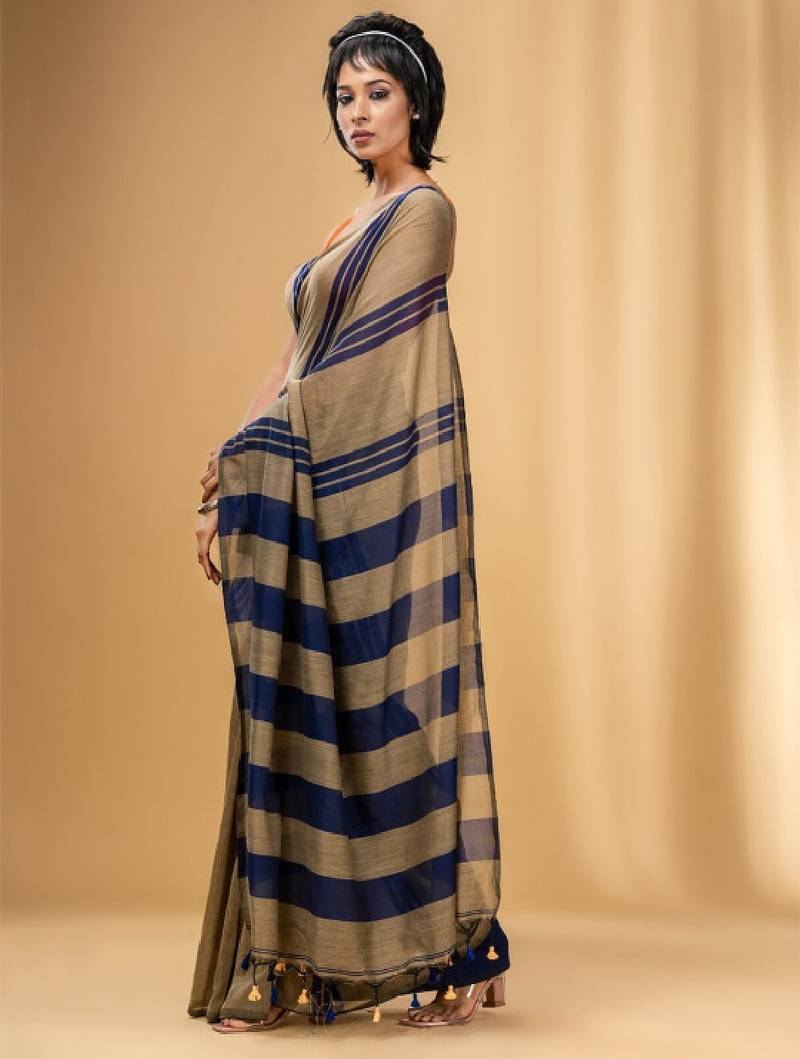 Striped tasseled pure cotton saree