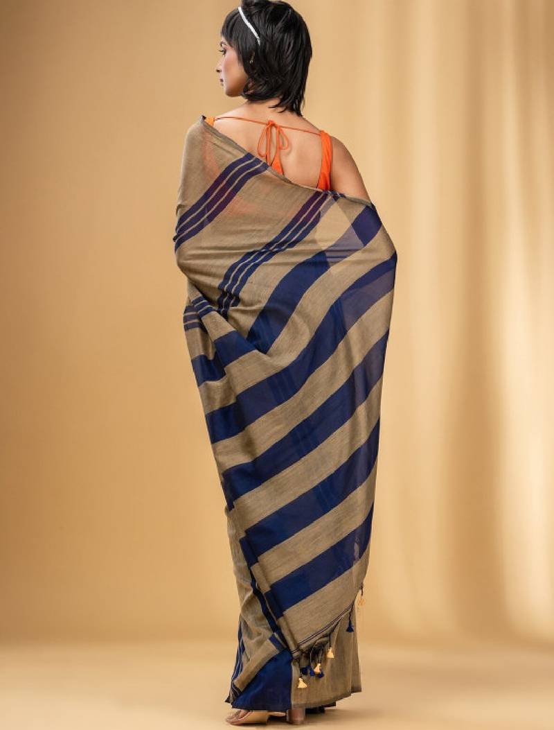 Striped tasseled pure cotton saree
