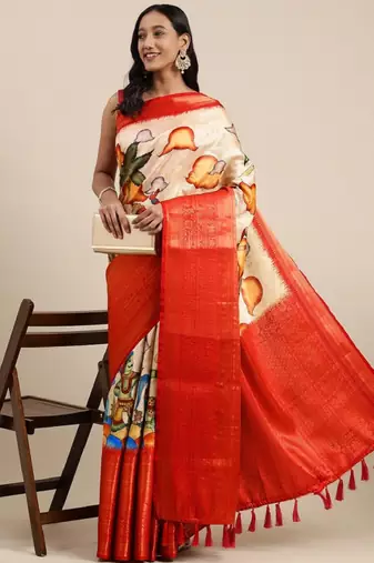 cream art silk banarasi saree with kalamkari zari design
