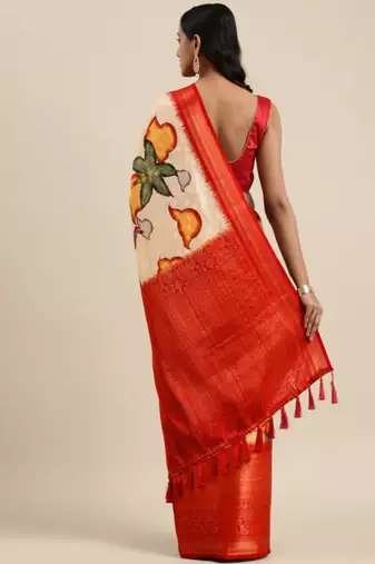 cream art silk banarasi saree with kalamkari zari design