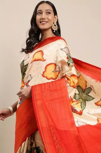 cream art silk banarasi saree with kalamkari zari design