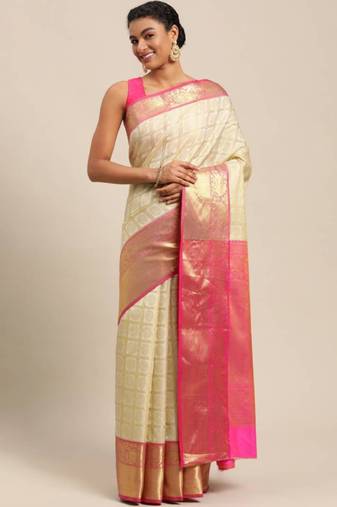 white kanjeevaram silk saree with heavy woven pure zari work