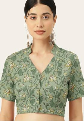 Green cotton sanganeri printed non padded blouse 1