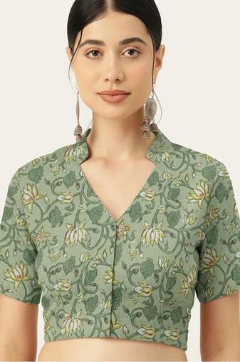 Green cotton sanganeri printed non padded blouse