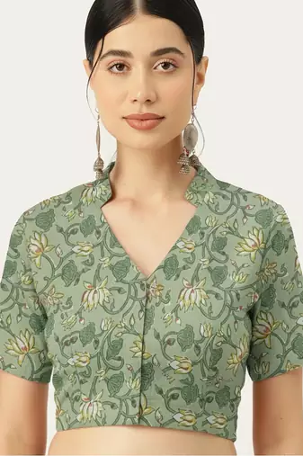Green cotton sanganeri printed non padded blouse