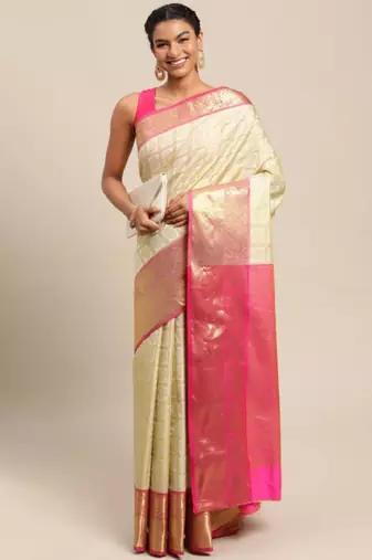 white kanjeevaram silk saree with heavy woven pure zari work