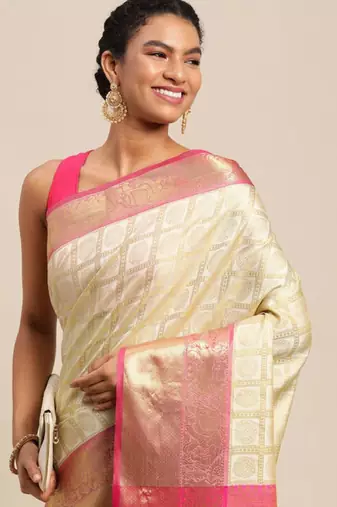 white kanjeevaram silk saree with heavy woven pure zari work