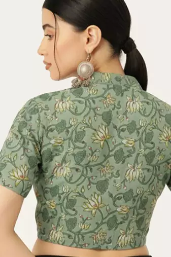 Green cotton sanganeri printed non padded blouse