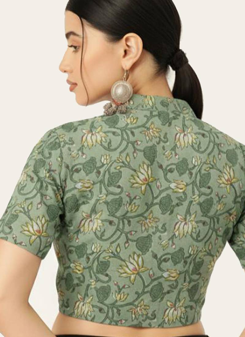 Green cotton sanganeri printed non padded blouse